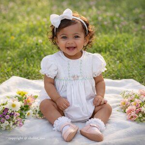 White Smocked Romper Bubble Spring Basket Embroidery Boutique 18 Months NWT